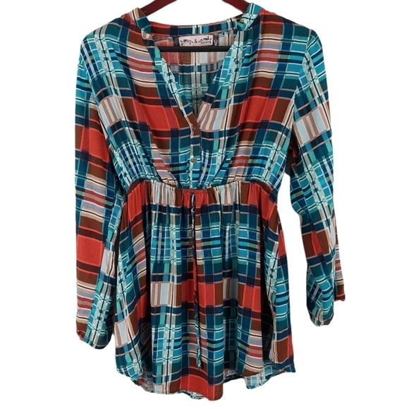 Oona & Maud Maternity Top Sz Med Tunic Plaid Blue Orange Tab Sleeve Ruched Waist - Picture 1 of 8